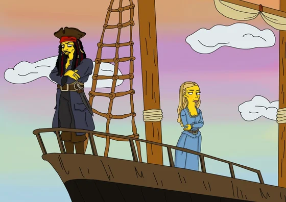 Yellow cartoon portrait of a pirate and woman standing on the deck of a sailing ship