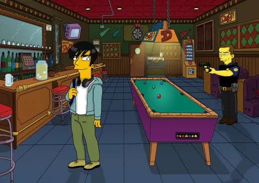 Custom yellow cartoon portrait of two people in a games room