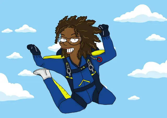 A custom yellow cartoon portrait of a skydiver among the clouds