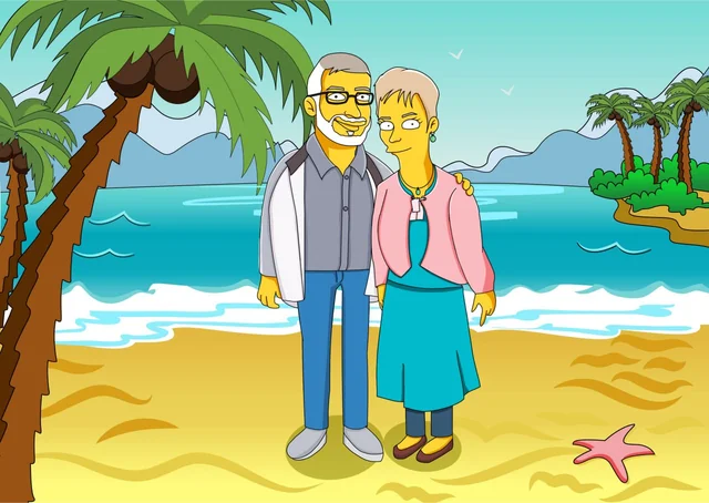 Custom yellow cartoon portrait of a couple on a tropical beach